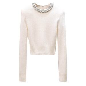 Self Portrait White Jewel Collar Cropped Sweater